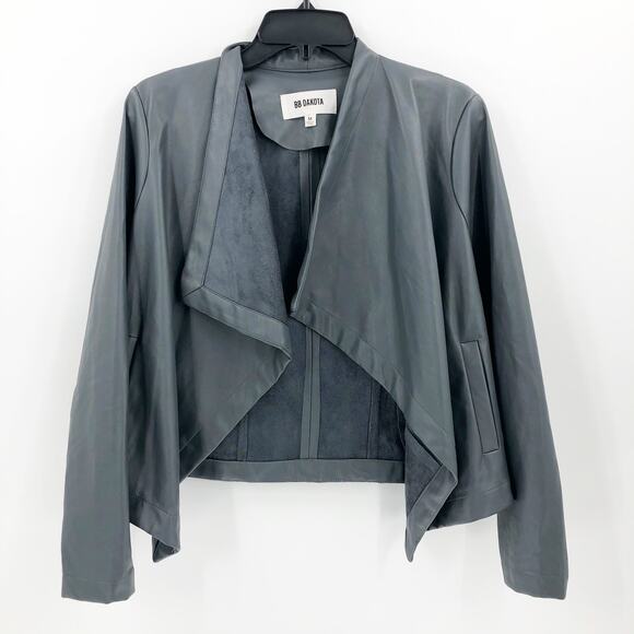 BB Dakota Womens Gracelyn Jacket Medium Grey Faux Leather Drape Front - Picture 1 of 8